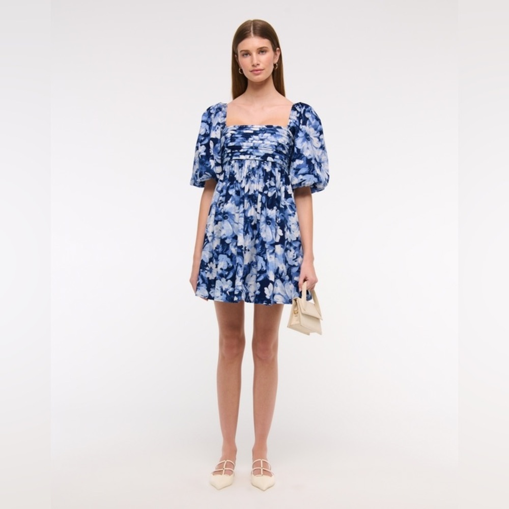 Abercrombie & Fitch Emerson Poplin Puff Sleeve Blue floral Mini Dress Sz XXS - Picture 4 of 14